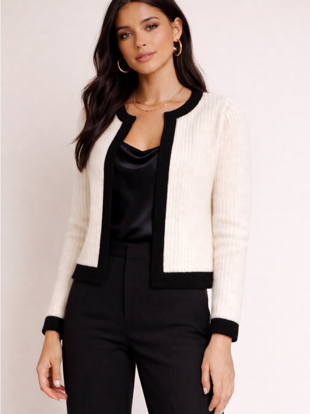 Alice + Olivia Cream and Black Trim Knit Cardigan